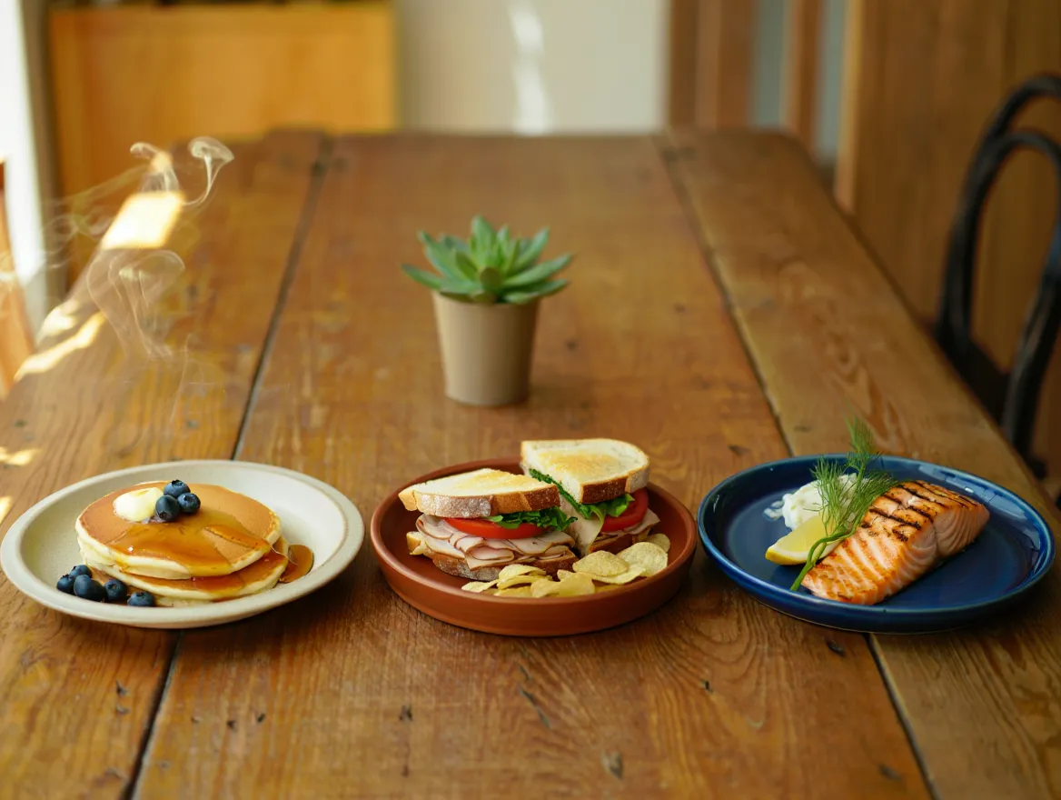 Visuell översikt av en strukturerad dag med tre huvudmåltider vid morgon, middag och kväll